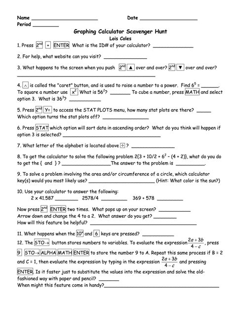 Graphing calculator scavenger hunt answer key. Five resources are included in this bundle. 1. Writing, Solving and Graphing Inequalities (Including Word Problems). This set includes 2 notes pages, 5 worksheets, and 3 exit slips covering one-step, two-step and. 5. Products. $12.00 $15.00 Save $3.00. View Bundle. 