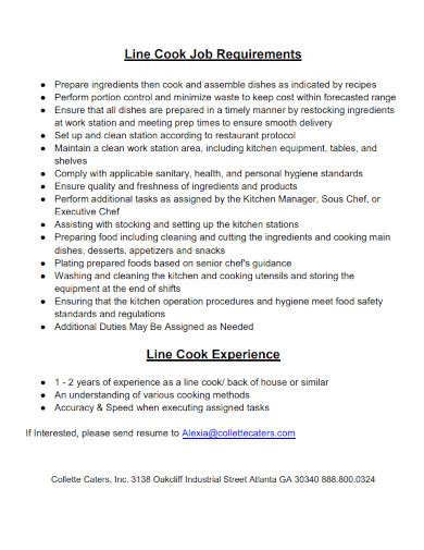 Gratis Line Cook Job Description Sample