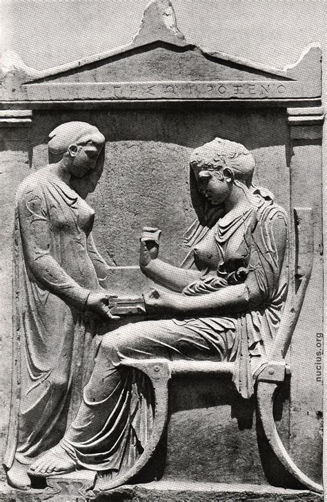 Grave Stele of Hegeso. A contemplative seated woman picks jewellery from a box held for her by a standing slave-girl. The jewellery would have been painted on to the marble surface. The deceased woman's name is inscribed above. The relief was found in the ancient cemetery of Athens, the Kerameikos.. 