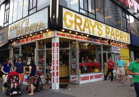 Gray's papaya. For the same price you can have a Gray's Papaya special of two stupendous hot dogs and a papaya drink ($2.45) for a week and still have change in your pocket. If you insist on a haute dog, share ... 