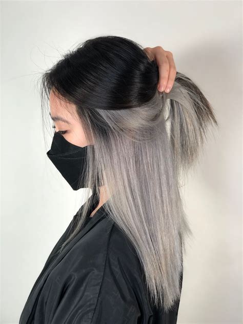 Gray hair with black underneath. Used to tone down or blend away gray hair, lowlights for gray hair are achieved by coloring select strands of gray hair. In most cases, stylists use a color that is close to the na... 