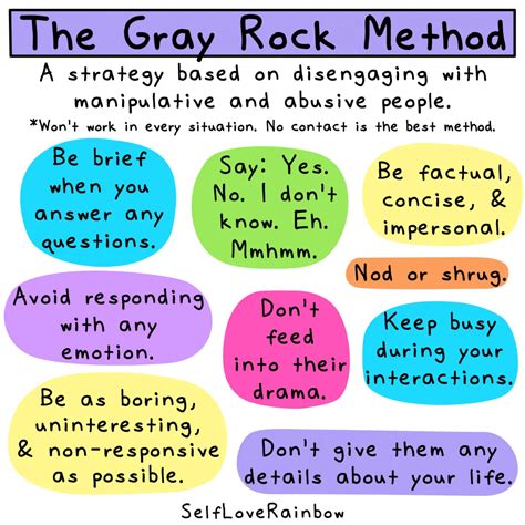 Gray rock method. The grey rock method is a strategy for disengaging with a toxic person to avoid feeding into their narcissistic supply. It involves acting uninterested, avoiding eye contact, and … 