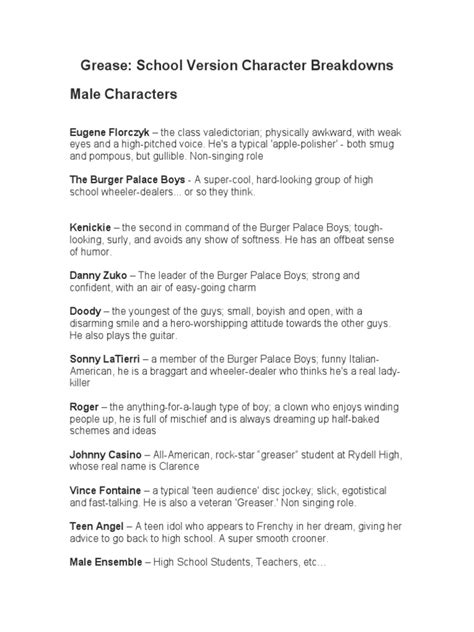 Grease: School Version Character Breakdowns Male Characters