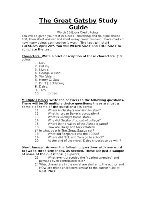 Great Gatsby Study Guide