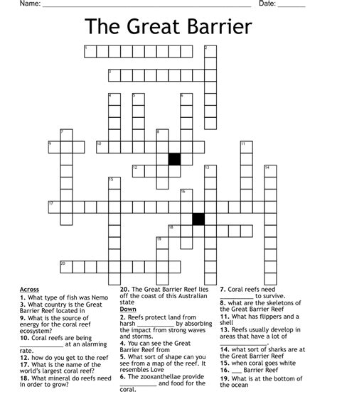 Great barrier reef locale crossword clue. The Crossword Solver found 30 answers to "great barrier ___", 4 letters crossword clue. The Crossword Solver finds answers to classic crosswords and cryptic crossword puzzles. Enter the length or pattern for better results. Click the answer to find similar crossword clues . Enter a Crossword Clue. A clue is required. Sort by Length. 
