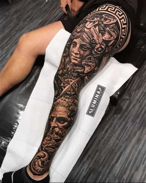 Greek gods leg sleeve tattoo. 13,623 likes. darwinenriquez. Perseus. Full Sleeve in progress ! Perseus, in Greek mythology, the slayer of the Gorgon Medusa and the rescuer of Andromeda from a sea monster. Perseus was the son of Zeus and Danaë, the daughter of Acrisius of Argos. As an infant he was cast into the sea in a chest with his mother by Acrisius, to whom it had ... 