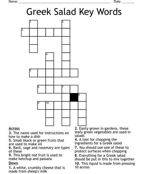 The Crossword Solver found 30 answers to "ITEM IN A GREEK SALAD (2 WORDS)", 5 letters crossword clue. The Crossword Solver finds answers to classic crosswords and cryptic crossword puzzles. Enter the length or pattern for better results. Click the answer to find similar crossword clues . Enter a Crossword Clue. A clue is required. Sort by ….
