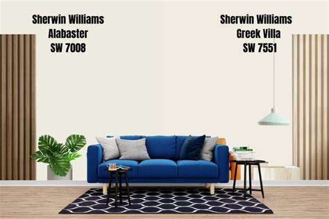 Greek Villa and Alabaster are both warm white paint colors by Sherwin Williams, but Greek Villa is brighter and less gray. Learn how to compare and choose these colors for your home with tips and examples.