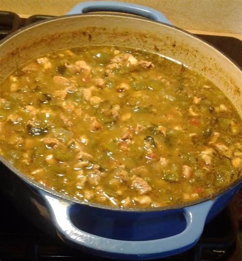 Green chili pork stew. Heat oil in a Dutch oven or large pot over medium-high heat. Season pork with salt and pepper, then cook in hot oil until golden brown on all sides, about 7 minutes. Transfer pork to a plate. Reduce the heat to medium; stir in onion and garlic. Cook and stir until onion has softened and turned translucent, about 5 minutes. 