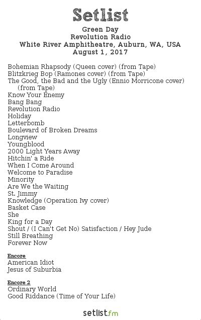 Green day concert setlist. Get the Green Day Setlist of the concert at Plaza de España, Seville, Spain on November 2, 2019 and other Green Day Setlists for free on setlist.fm! ... Green Day Plays Dookie & American Idiot Together for First Time . Apr 22, 2024. Green Day Play ‘Saviors’ In Full At Anaheim Pop-Up Show. Mar 21, 2024. 