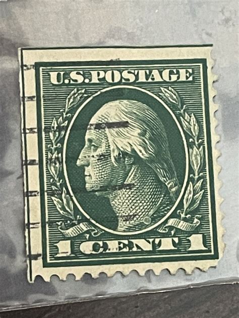 Green george washington 1 cent stamp. 1915 1¢ Washington. Issue Date: December 12, 1915. Printed by: Bureau of Engraving and Printing. Method: Rotary Press. Watermark: Single line. Perforation: 10 horizontally. Color: Green. The 1915 Rotary Press Coil Stamps. By 1914, the demand for coils had grown even greater. 
