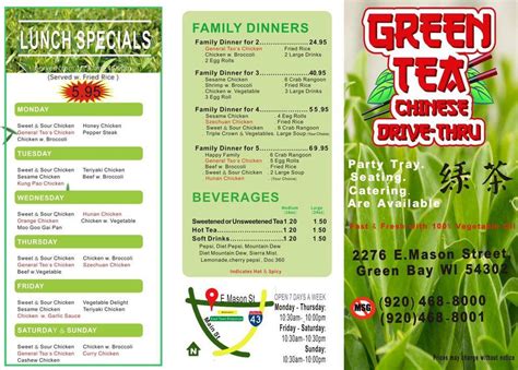 Green tea green bay. Green Tea Chinese - East Mason St. Asian, Chinese, Seafood; 2276 East Mason Street Green Bay WI, 54302 - 146 ratings 