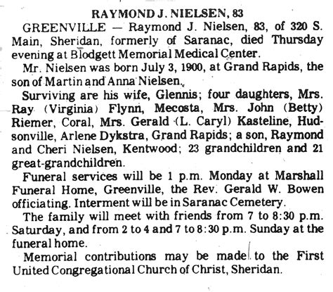 Visitation with the family is from 10-11 a.m. on Saturday, December 9, 2023 at Christiansen's Michigan Cremation & Funeral Care, 511 S. Franklin Street, Greenville, where memorial services will be .... 