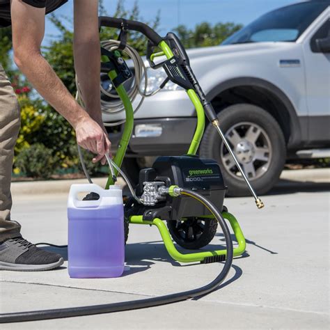 Greenworks 2000 psi pressure washer soap not working. This powerful 2000 PSI pressure washer helps eliminate dirt and grime with its 13-amp motor that produces 1.1 GPM of exceptional cleaning power. An intuitive open-frame design with 10" wheels allows for easy maneuverability, and a high-pressure 20-foot hose keeps every job within reach. This reliable unit comes with a siphon hose and three ... 