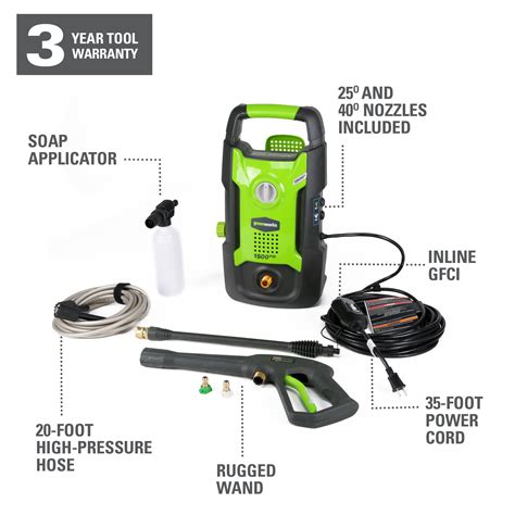 About this item. Greenworks 1800 PSI (1.1 GPM) Electric Pressure Washer. 1800 PSI, 1. 1GPM. 13 Amp universal motor. On-board soap tank. 35 feet power cord with inline GFCI for use on all exterior outlets. Quick connect wand with 15°, 25°, 40°, and soap nozzles. 20-Foot high pressure hose on reel.. 
