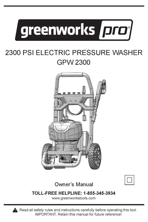 Greenworks pro 2300 manual. Here’s a step-by-step guide on how to use the Greenworks Pro 2300: 1. Fill the onboard soap tank with your favorite pressure cleaner soap or detergent. 2. Connect the garden hose to the inlet on the pressure washer. 3. Turn on the water supply and pull the trigger on the gun to release water into the pump. 4. 
