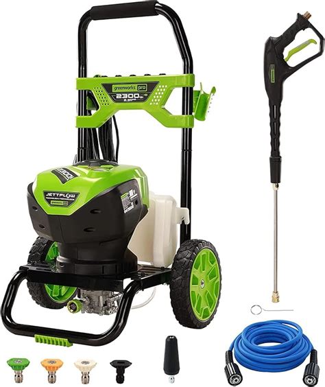 Greenworks pro 2300 psi pressure washer. Greenworks Pro Universal 12-in 2300 PSI Rotating Surface Cleaner for Electric Pressure Washers. The Greenworks 12-in Surface Cleaner deep cleans large areas faster when connected to any pressure washer 2300 PSI and below. Optimize your cleaning experience with a 12-in cleaning path and dual rotating nozzles. Easily connect/disconnect to your ... 