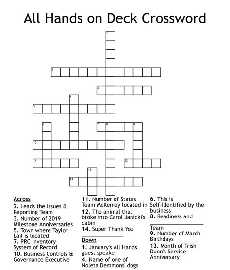 Greeting on deck crossword clue. When facing difficulties with puzzles or our website in general, feel free to drop us a message at the contact page. We have 1 Answer for crossword clue Call For All Hands On Deck of NYT Crossword. The most recent answer we for this clue is 4 letters long and it is Ahoy. 