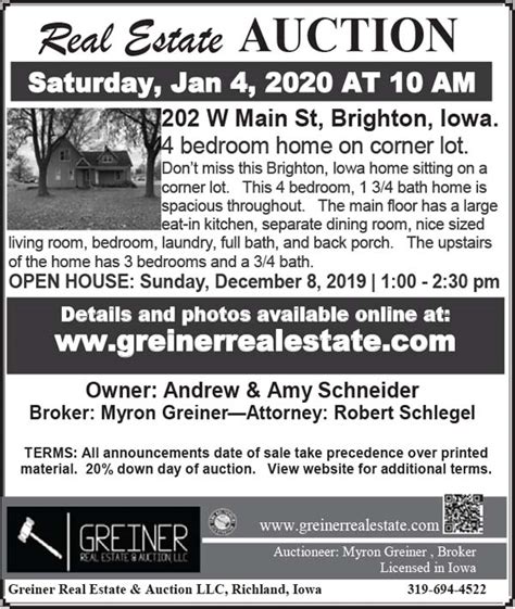 Greiner real estate auction. Greiner Real Estate & Auction LLC 1046 Jefferson Washington Rd -Richland, IA 52585. 319-694-4522 Broker: Myron Greiner - Richland. Licensed in Iowa 