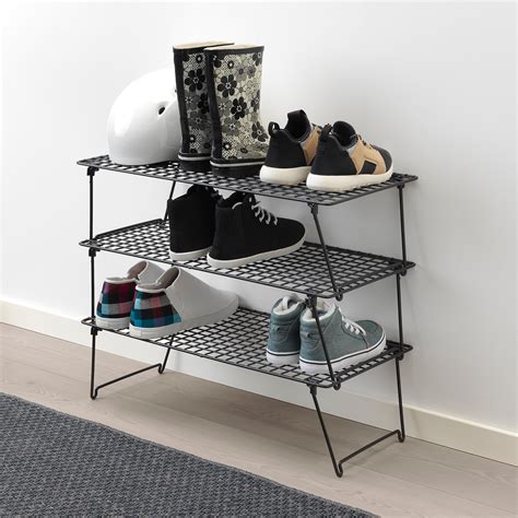 GREJIG Shoe rack, grey, 58x27x17 cm Just as practical for everyday shoes in the hallway as for fancy shoes in the wardrobe. And since the rack is foldable, you can have some extra racks in the hallway closet that you can unfold and stack when you have guests.. 