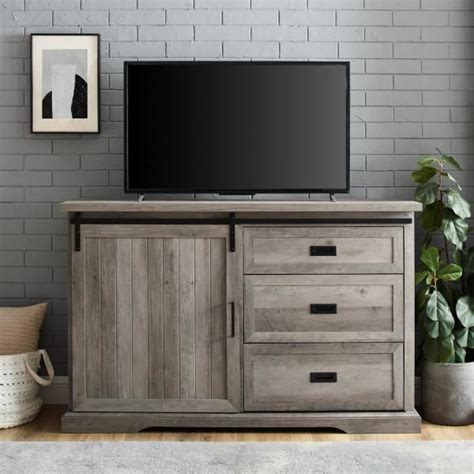 Grey Wash Wood Sideboard with Sliding Grooved Door