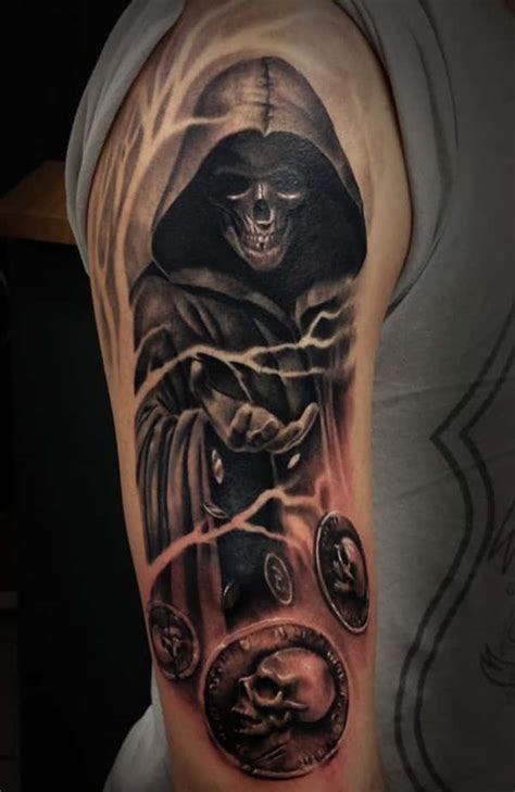 Grim reaper tattoo designs. Top rated grim reaper tattoo ideas and their meanings: Traditional Grim Reaper Tattoo: A classic depiction of the grim reaper, featuring a hooded figure … 