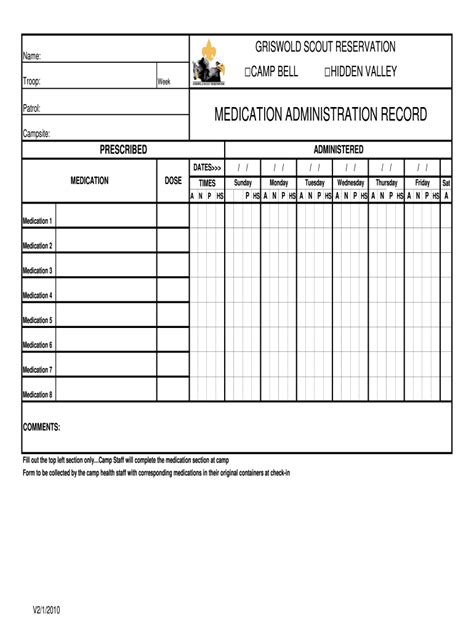 Griswold Scout Reservation Medication Administration Record 2010 Fill and Sign Printable