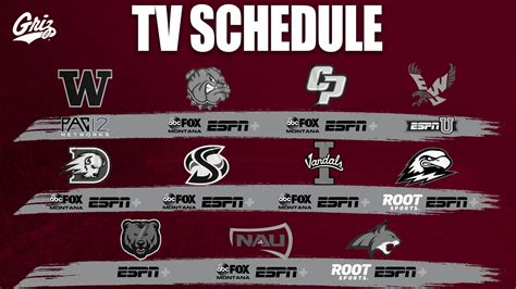 Griz tv schedule. The official 2018 Football schedule for the Montana Grizzlies. ... TV: ABC MT / SWX / Altitude 2 | Radio: Montana Grizzly Radio Network. Maroon Out. W, 26-23. Sep 1 (Sat) 