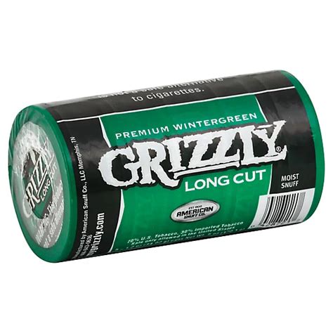 Grizzly long cut wintergreen roll. Ingredients. More. Snuff, Moist, Long Cut, Premium Wintergreen. mygrizzly.com. 70% US tobacco, 30% imported tobacco. Sale only allowed in the United States. Coupons & more at mygrizzly.com (website restricted to age 21+ tobacco consumers.). 