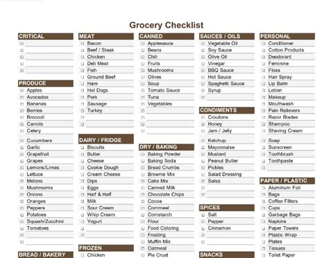 Grocery List Excel Templates