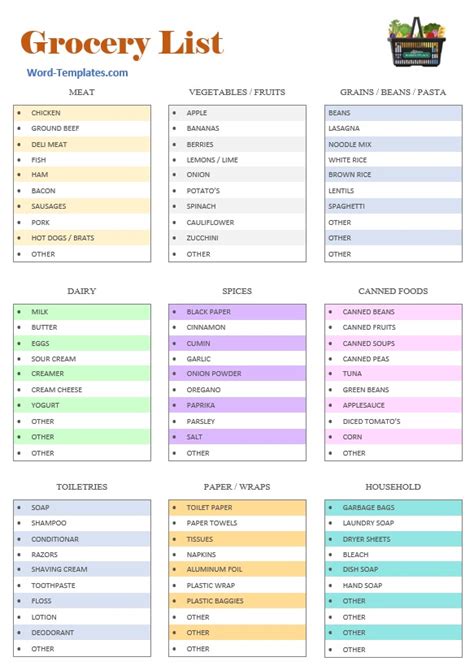 Grocery List Template For Word