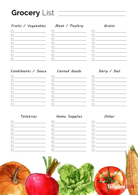 Grocery shopping list template. In this grocery list template you will divide up your shopping list into zones: produce, dairy, frozen foods, cleaning supplies, etc. This will allow you to ... 