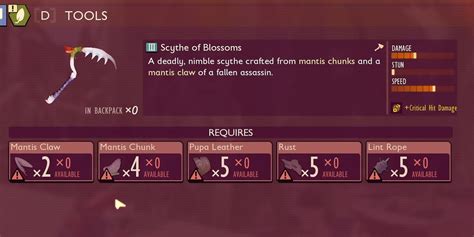 Scythe of Blossoms does both chopping and slashing damage types. Sour Battle-axe does both sour and chopping. Coaltana does both spicy and slashing. Scythe of Blossoms applies a buff on the player, called Yoked Blows, that increases critical damage by 100%. This is probably the biggest stat increase i've seen anywhere in the code.. 