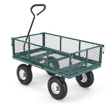 Groundwork utility cart parts. This heavy-duty steel cart holds up to 800 lb. and has 10 in. pneumatic tires so you can push heavy material across your lawn with effortlessly. The GroundWork Steel Garden Cart has a rugged 20 in. wide x 38 in. long steel mesh bed. With removable sides, you can also easily convert it into a flatbed for larger sized loads. GroundWork 4 cu. ft ... 