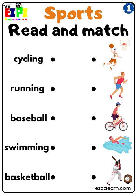 Group 1 Sports Read and Match Worksheet for K5 Kids and ESL Students