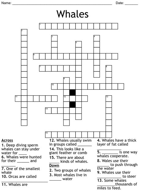 whale Crossword Clue. The Crossword Solver found 33 answers to "whale", 3 letters crossword clue. The Crossword Solver finds answers to classic crosswords and cryptic crossword puzzles. Enter the length or pattern for better results. Click the answer to find similar crossword clues . Was the Clue Answered? Not all answers shown, provide a .... 
