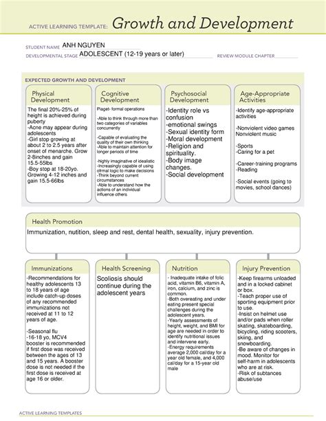 Growth and development ati template. School aged (6-12 years old) expected growth and development and health promotion notes for Pediatrics and Ati active learning template: growth and development 