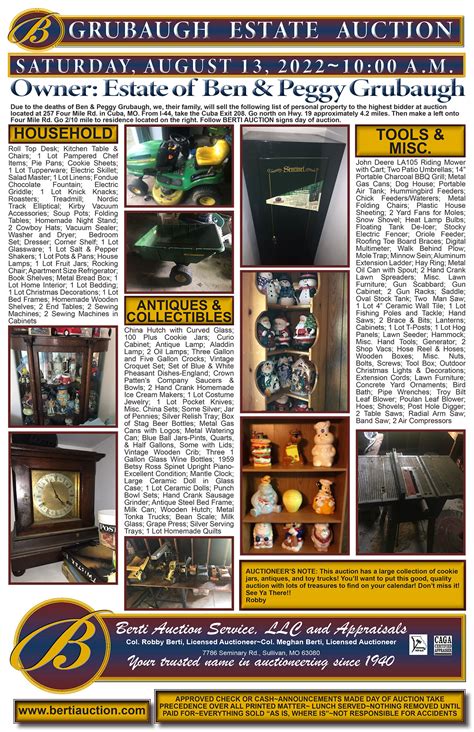 Grubaugh auction. Grubaugh Auction Services ... Onsite Auction begins at 10 a.m Roseville, Bronze Statues, many unique collectibles. Grubaugh Auction Services (402) 276-1210 Catalog Terms of sale Search Catalog : Search. Sort By : Go to Lot : Go. Go to Page : ... 