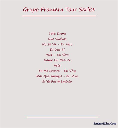 Sep 15, 2023 · Get the Grupo Frontera Setlist of the concert at Zócalo de la Ciudad de México, Mexico City, Mexico on September 15, 2023 and other Grupo Frontera Setlists for free on setlist.fm! . 