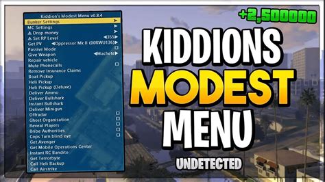 FAQs. Kiddion’s Modest Menu is a popular mod menu for the video game Grand Theft Auto V (GTA 5). It’s a third-party software created by independent developers and is used to modify and enhance various aspects of the game when playing in single-player mode. While it’s not officially supported by the game’s developers or ….