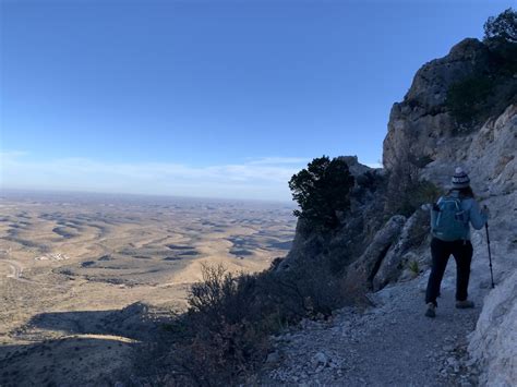 Guadalupe peak trail. Getting here is not easy. It’s a tough, uphill hike to get to Guadalupe Peak, with rocky trails, long steep staircases, and some narrow sections of trail. But once at the top, the views are unbeatable. From Guadalupe Peak, you have panoramic views over the national park as well as the Chihuahuan Desert. 