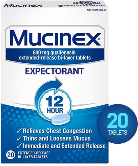 600 mg. 6.63 [ 168.41] 132 [ 5.197] Expectorant. 12 Hour. Relieves Chest Congestion. Thins and Loosens Mucus. Immediate and Extended Release. 20 Extended-Release Tablets. …. 