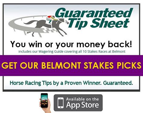 Guaranteed tip sheet belmont. Download our FREE Mobile App to access our daily free picks, tipsheets, best bets, past history and more right on your mobile device. Tipsheets are sold based on RACE DATE, not individually. You may purchase an entire day's sheets for only $15.00 USD which includes UNLIMITED ACCESS to ALL TRACKS. Click the BUY NOW button next to the date you ... 