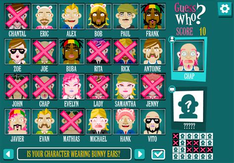 Để thu hẹp các nhân vật có thể, trò chơi cung cấp cho bạn một loạt câu hỏi để lựa chọn. Nếu bạn đặt một câu hỏi tốt, nó sẽ giảm số lượng khuôn mặt trên bảng. Nhìn vào các khuôn mặt có sẵn và cố gắng chọn câu hỏi sẽ giúp bạn thu hẹp lựa chọn nhanh nhất .... 