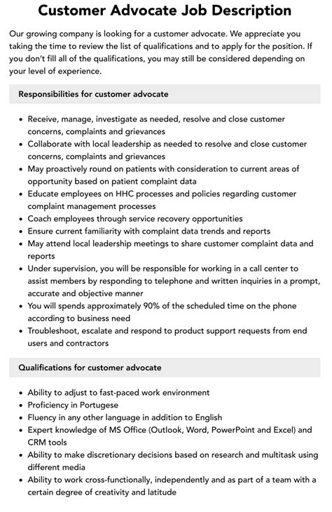 Guest advocate job description. Continue reading to find out what skills a customer service advocate needs to be successful in the workplace. The eight most common skills for customer service advocates in 2024 based on resume usage. Strong Customer Service, 28.8%. Social Work, 7.6%. Appointment Scheduling, 7.5%. 