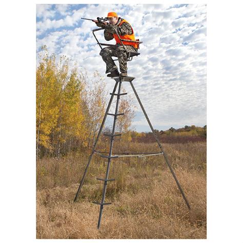 Guide Gear 12' Tripod Deer Stand Tower for Hunting Climbing Hunt Seat, Hunting Gear Equipment Accessories. 4.1 out of 5 stars 141. 100+ bought in past month. $204.99 $ 204. 99. FREE delivery Thu, Oct 26 . BIG GAME Apex Tripod Whitetail Deer Elk Mule Pronghorn Above Hunting Outdoors Padded 360 Degree Rotation 13' Tall Treestand,Camo/Black.. 