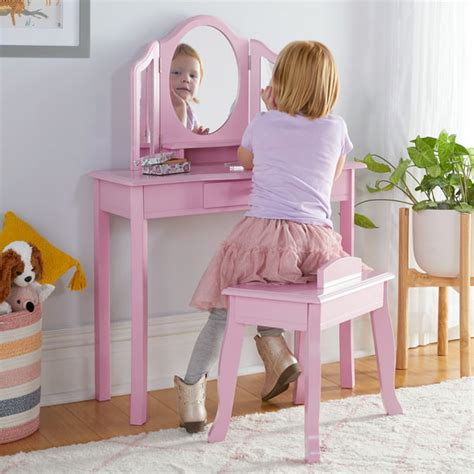 Guidecraft Pink Vanity and Stool Set for Kids Age 3-8, Pretend …