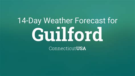 6 days ago · Guilford, CT Hourly Weather Forecast. star_rate. home. Cloudy. High 59F. Winds E at 10 to 20 mph. Rain showers early with overcast skies late. Low 49F. Winds ENE at 10 to 15 mph. Chance of rain 40%. . 
