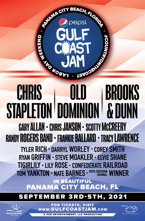 Gulfcoast jam. The Gulf Coast Jam lineup for 2023 featured 24 artists and bands, including Chase Rice, Ernest, Morgan Wallen, Bailey Zimmerman, Breland, Mackenzie Porter, Shane Profitt, Justin Moore, Dj Nyu, and Miranda Lambert. 