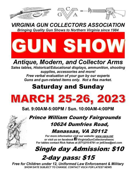 Gun show in manassas va. Section 54.1-4201.1. Notification by sponsor of firearms show to State Police and local law -enforcement authorities required; records; penalty . Section 54.1-4201.2. Firearm transacti ons by persons other than dealers; voluntary background checks . Alleghany County . Altavista . Big Stone Gap . Charlottesville . Colonial Beach . Dumfries ... 